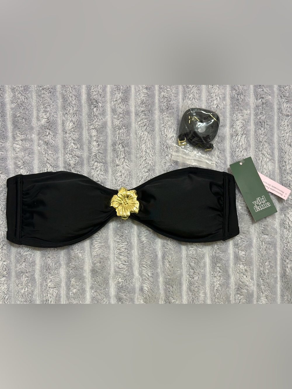 Wild Fable Black Bandeau Bikini Top with Gold Flower Detail — Size M (8–10)